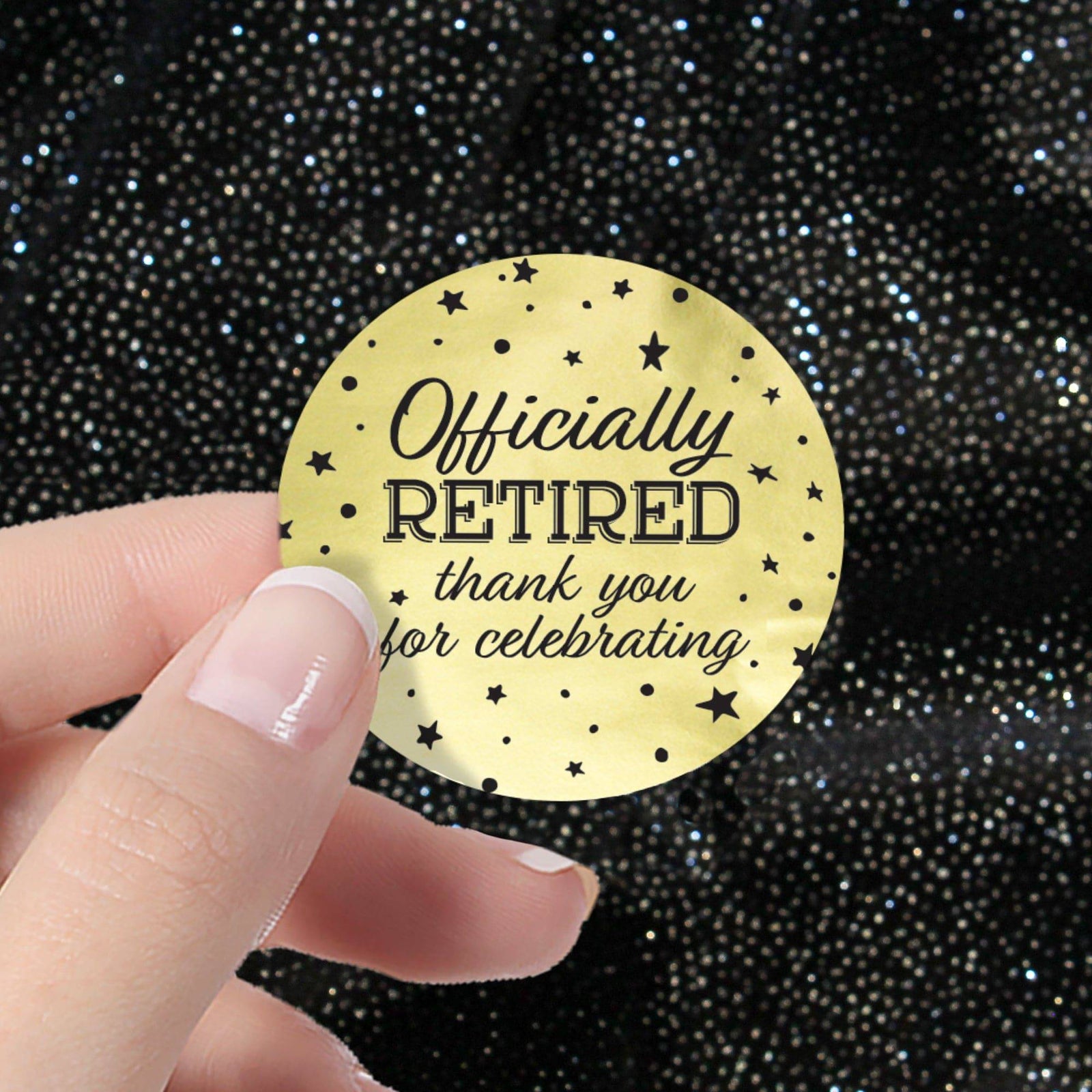 Retirement Party: Black and Gold Shiny Foil - Thank You Stickers - 40 Stickers - Distinctivs Party