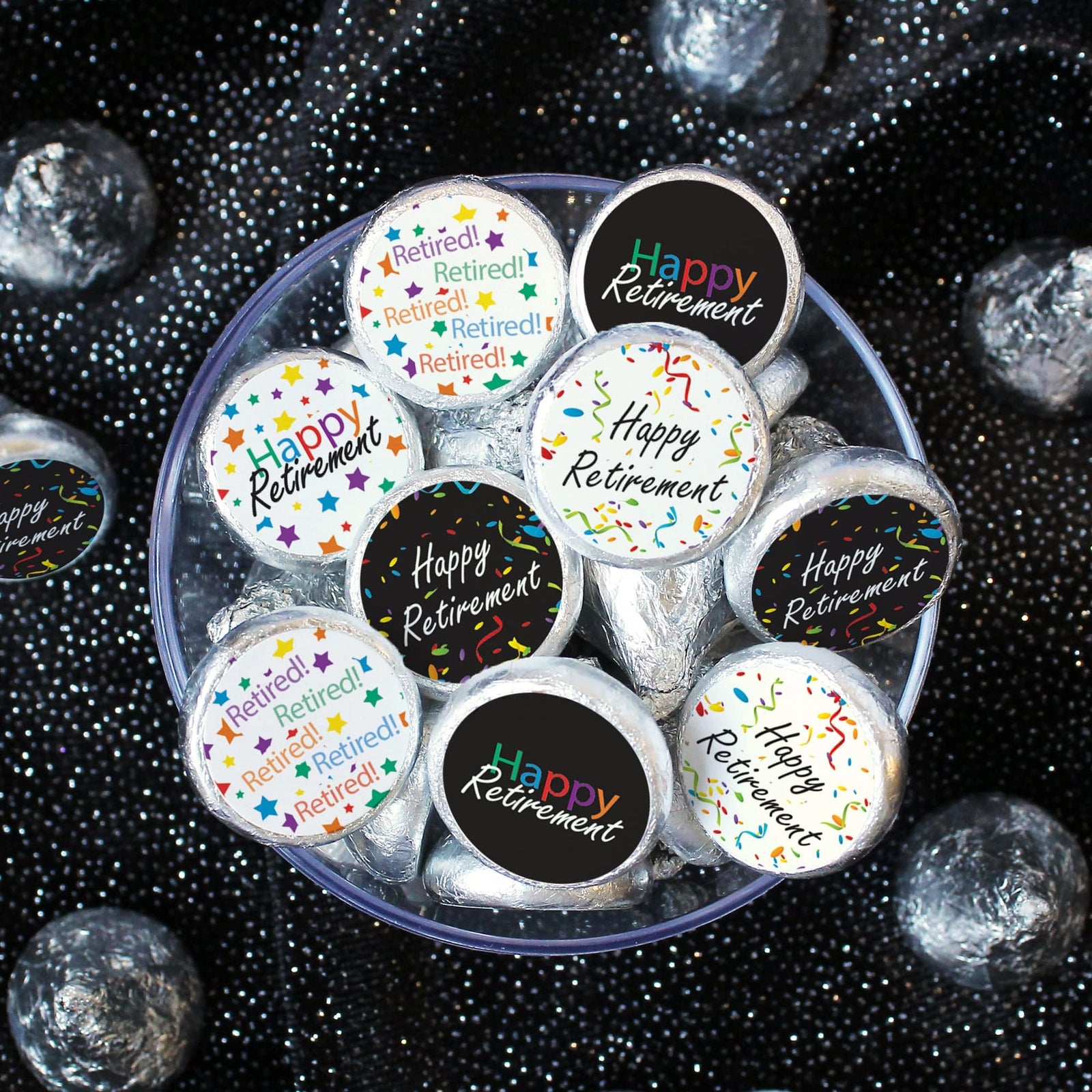 Retirement Party: Colorful Confetti - Favor Stickers - Fits on Hershey Kisses -180 Stickers - Distinctivs Party
