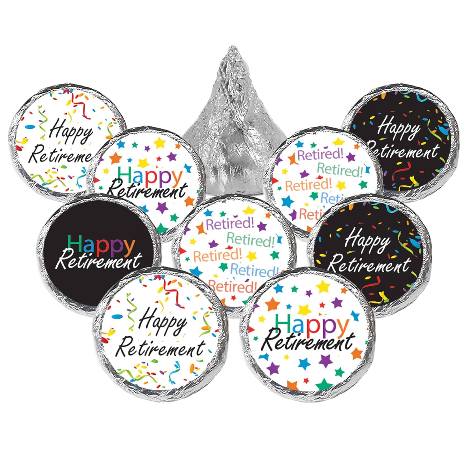 Retirement Party: Colorful Confetti - Favor Stickers - Fits on Hershey Kisses -180 Stickers - Distinctivs Party