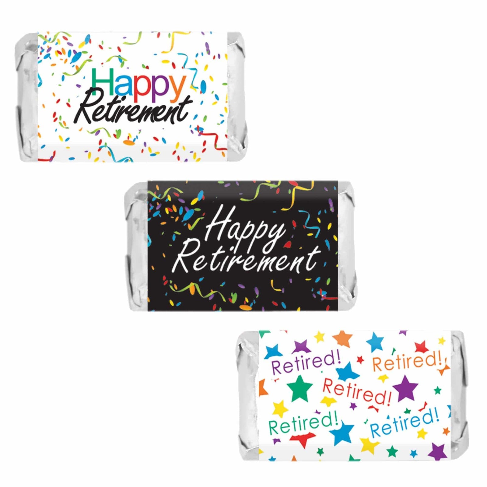 Retirement Party: Colorful Confetti - Mini Candy Bar Wrappers - 45 Stickers - Distinctivs Party