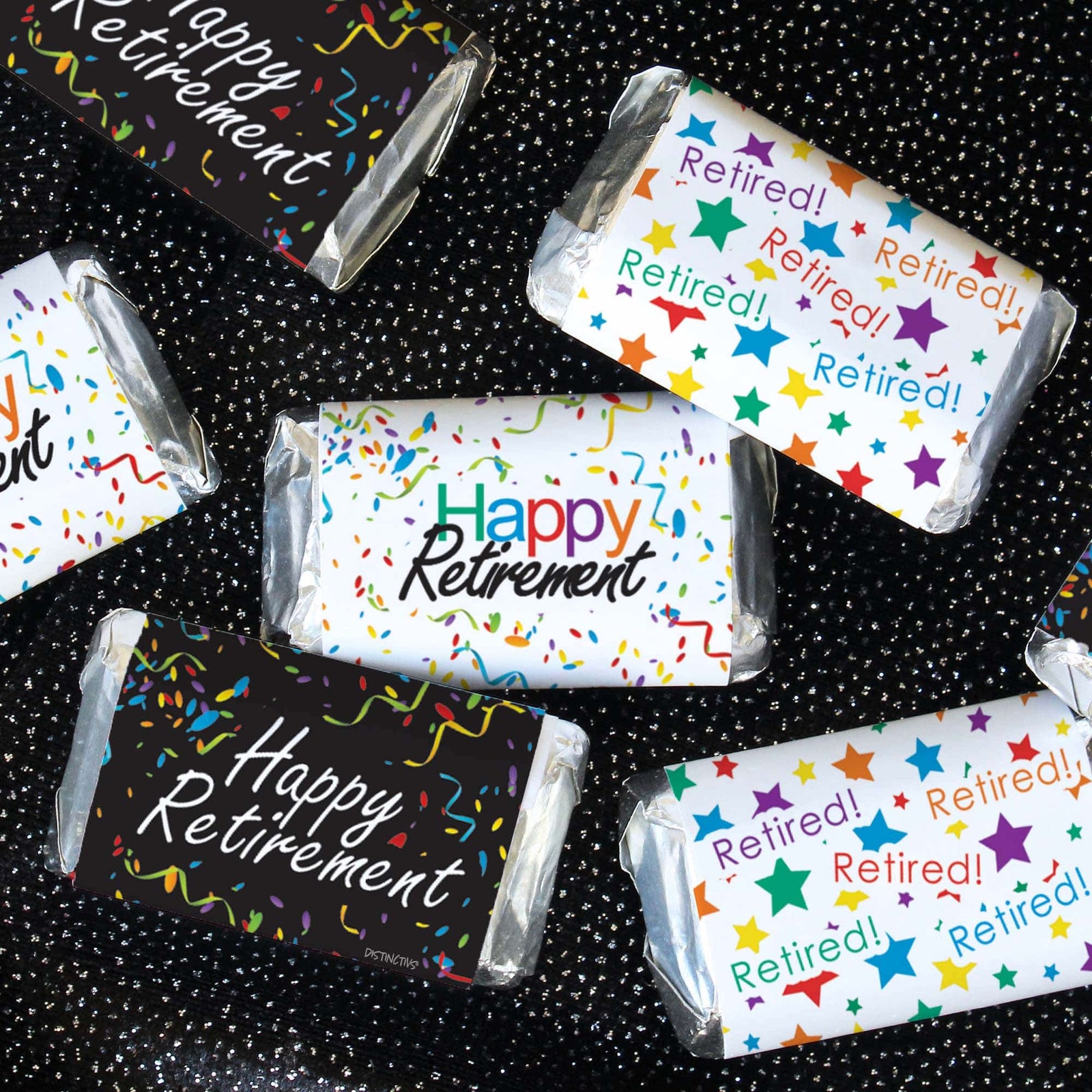 Retirement Party: Colorful Confetti - Mini Candy Bar Wrappers - 45 Stickers - Distinctivs Party