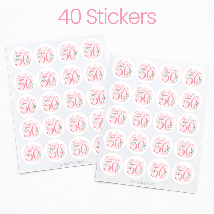 50th Birthday: Floral - Circle Label Thank You Stickers - 40 Stickers