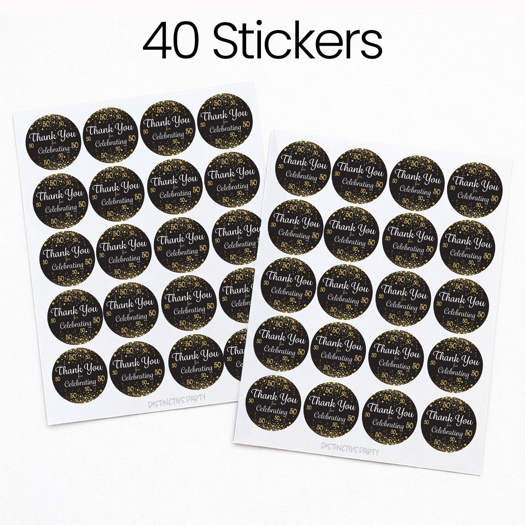 50th Birthday: Black & Gold - Adult Birthday -  Thank You Stickers - 40 Stickers