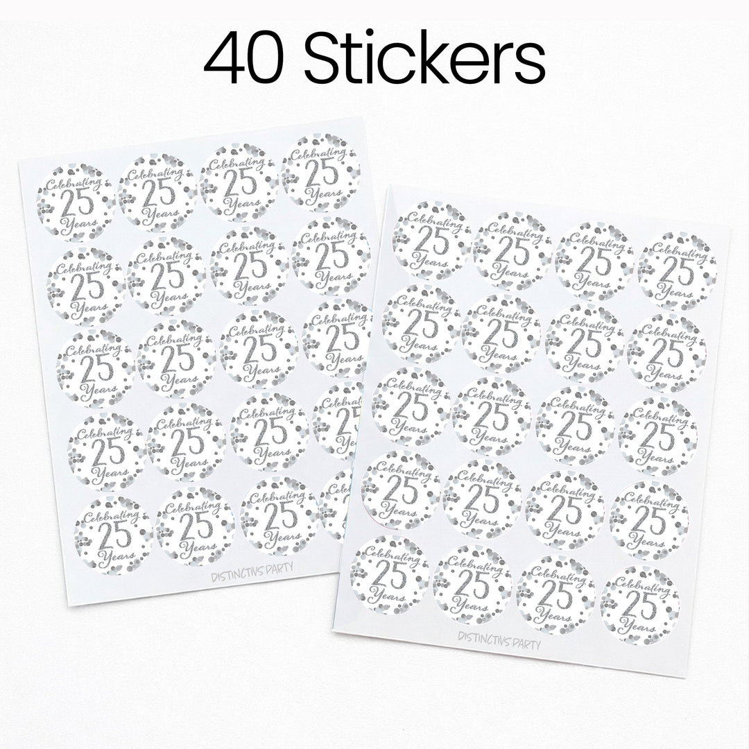 Silver 25th Anniversary: Party Favor Round Labels - 40 Stickers
