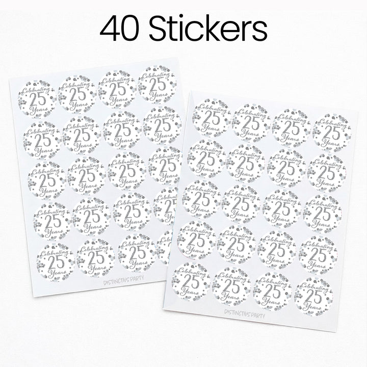 Silver 25th Anniversary: Party Favor Round Labels - 40 Stickers
