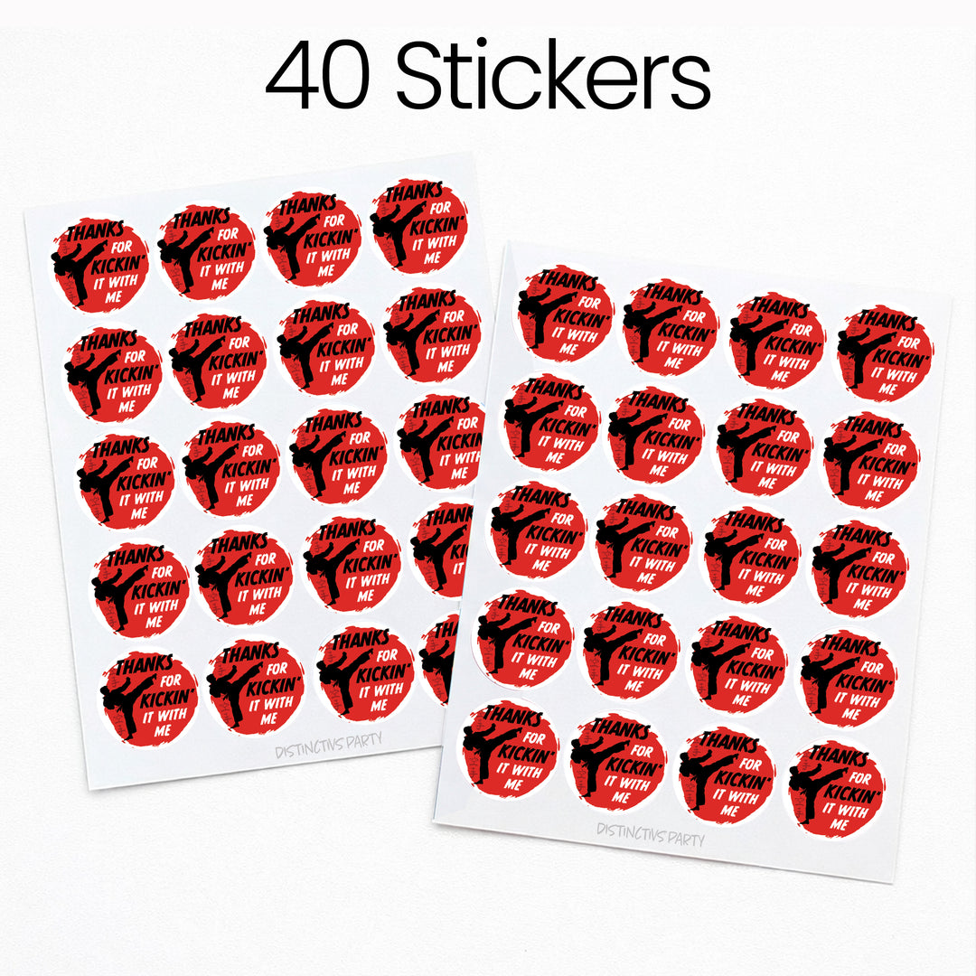 Saltar, patear, bloquear: Karate - Cumpleaños del niño - Gracias por patearlo conmigo - Etiquetas de agradecimiento - 40 pegatinas