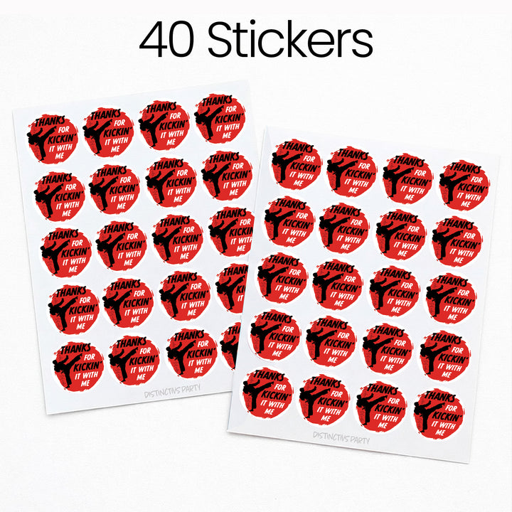 Saltar, patear, bloquear: Karate - Cumpleaños del niño - Gracias por patearlo conmigo - Etiquetas de agradecimiento - 40 pegatinas