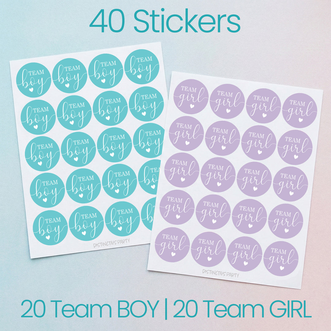Purple and Teal Gender Reveal Party Stickers – Team Boy or Team Girl – 40 Pack (1.75" Round)