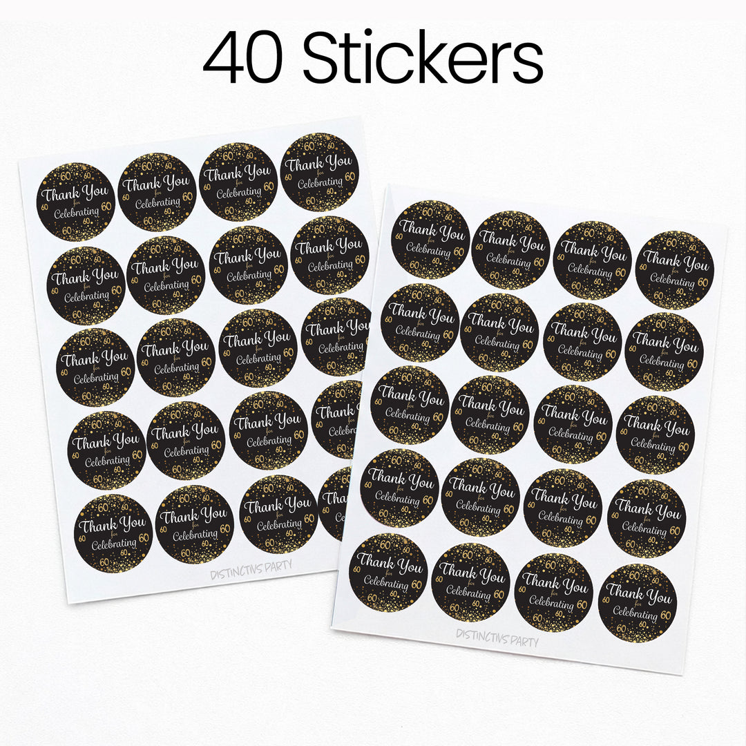 60th Birthday: Black & Gold - Adult Birthday - Thank You Stickers - 40 Stickers