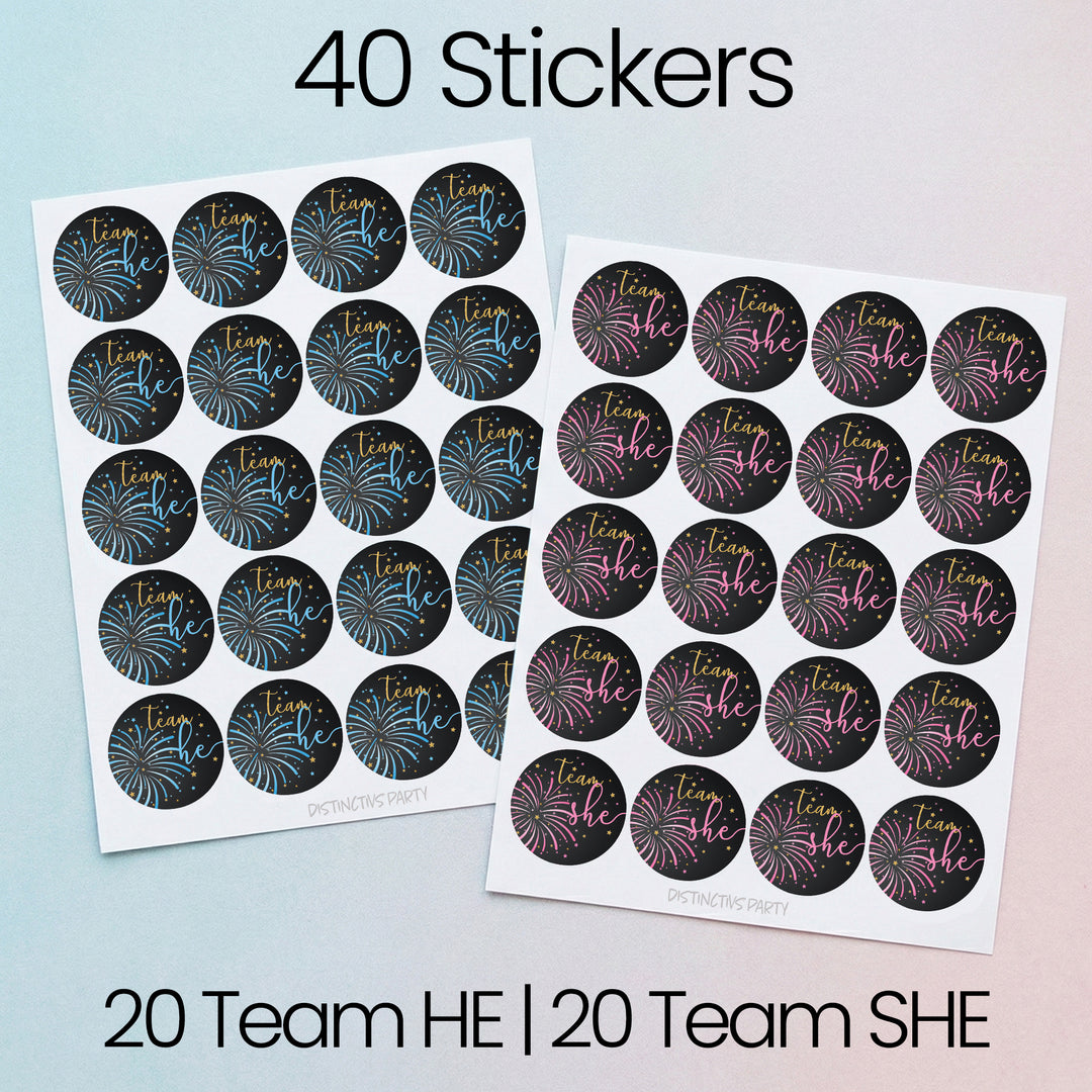 Fireworks Gender Reveal Party -Team He or Team She Stickers - 40 Stickers