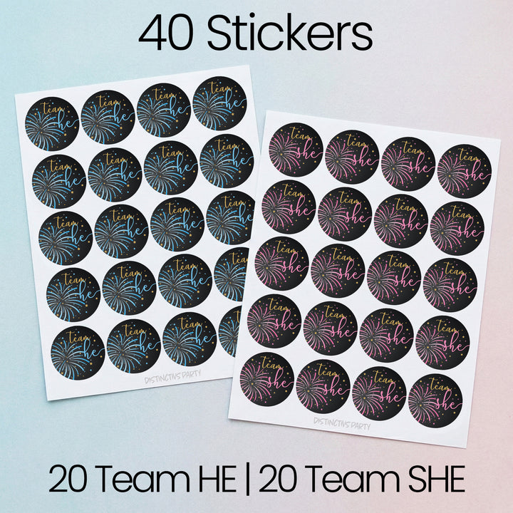 Fireworks Gender Reveal Party -Team He or Team She Stickers - 40 Stickers
