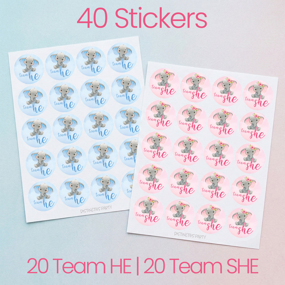 Elephant: Gender Reveal Party -Team He or Team She - 40 Stickers