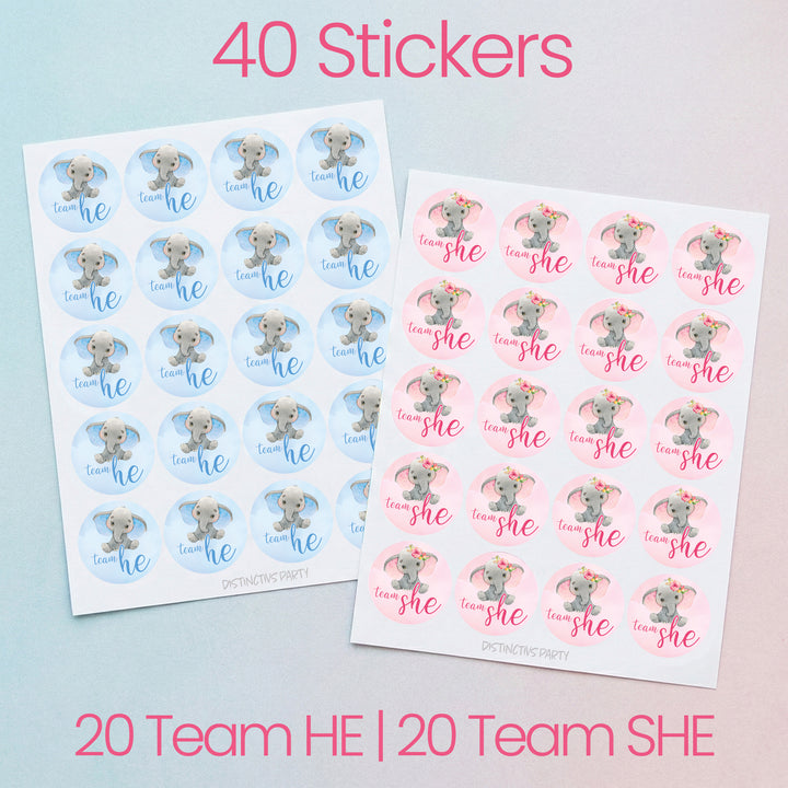 Elephant: Gender Reveal Party -Team He or Team She - 40 Stickers