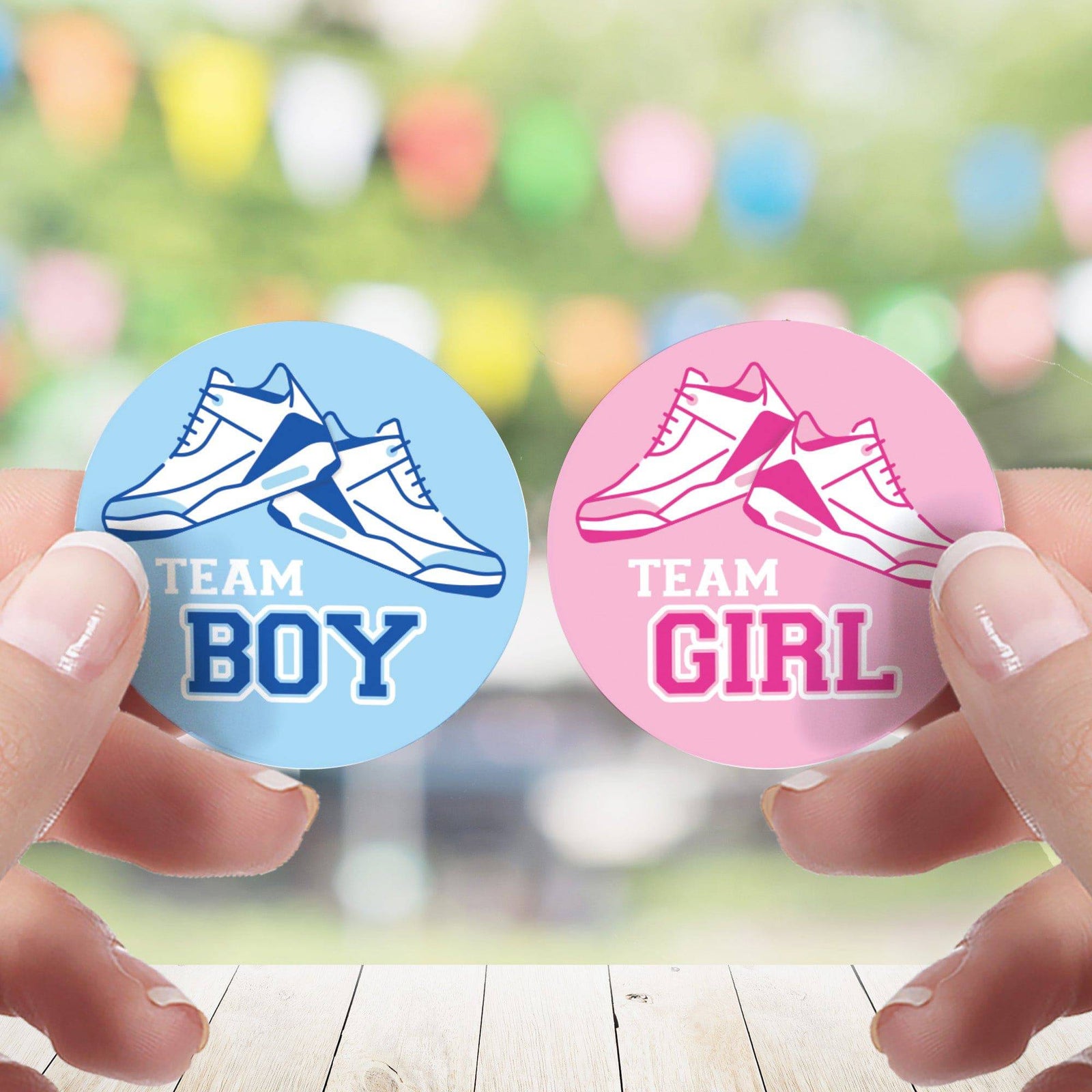 Sneakers: Gender Reveal Party - Team Boy or Team Girl - 40 Stickers - Distinctivs Party