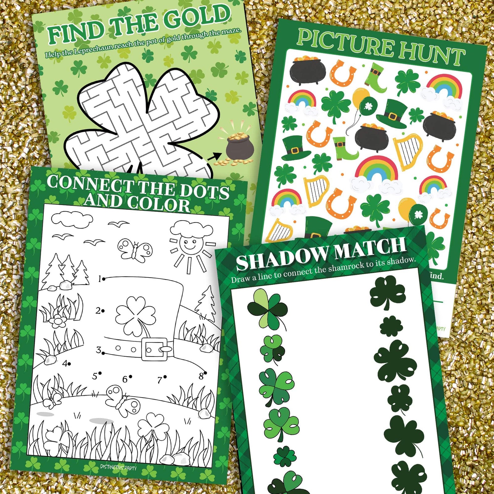 St. Patrick's Day Games: Picture Hunt, Matching, Maze, Connect the Dots - Preschool - 4 Game Bundle for 25 Kids - Distinctivs Party