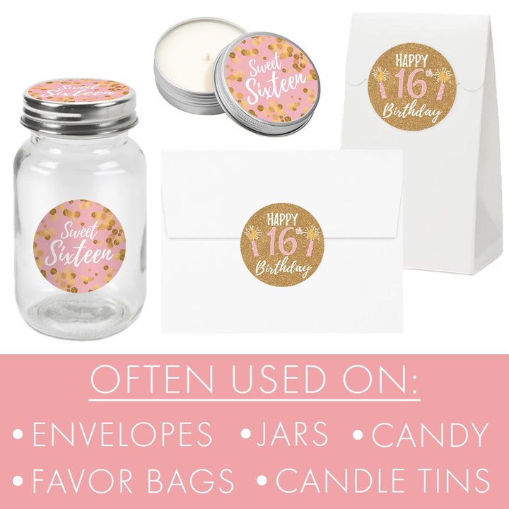Sweet 16: Pink & Gold - Birthday Party Favor Stickers - 40 Stickers - Distinctivs Party