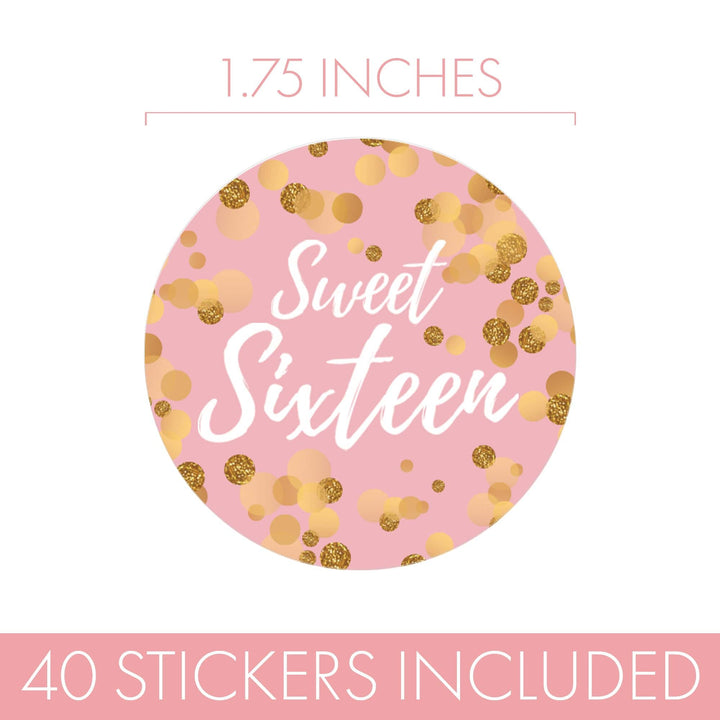 Sweet 16: Pink & Gold - Birthday Party Favor Stickers - 40 Stickers - Distinctivs Party