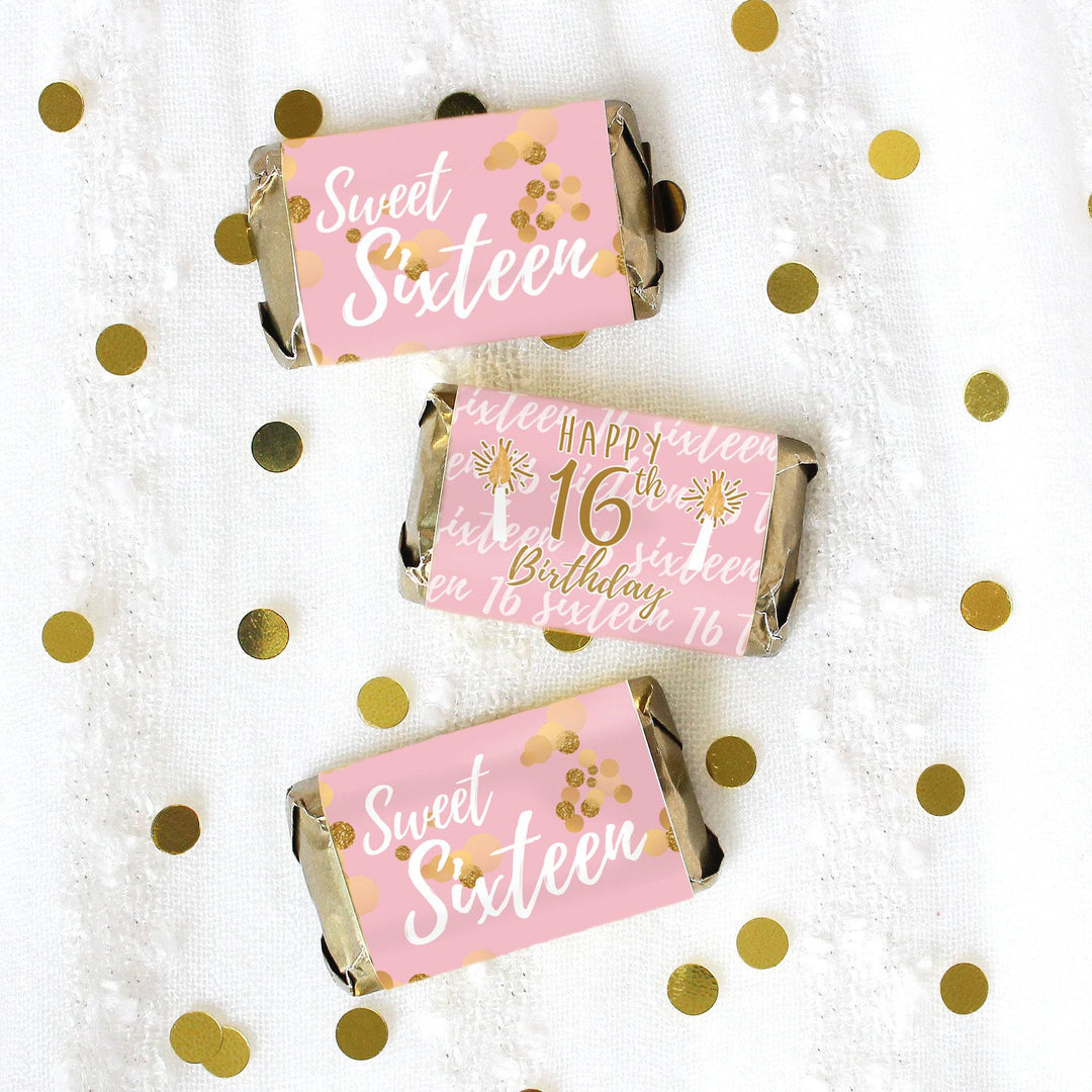 Sweet 16: Pink & Gold - Birthday Party  Mini Candy Bar Wrappers - 45 Stickers