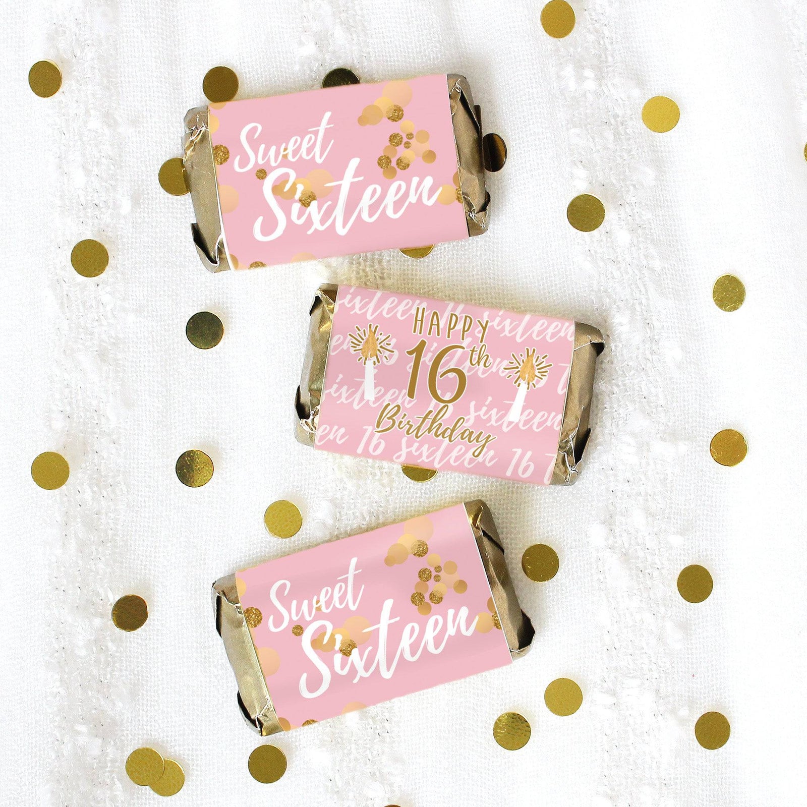 Sweet 16: Pink & Gold - Birthday Party  Mini Candy Bar Wrappers - 42 Stickers - Distinctivs Party