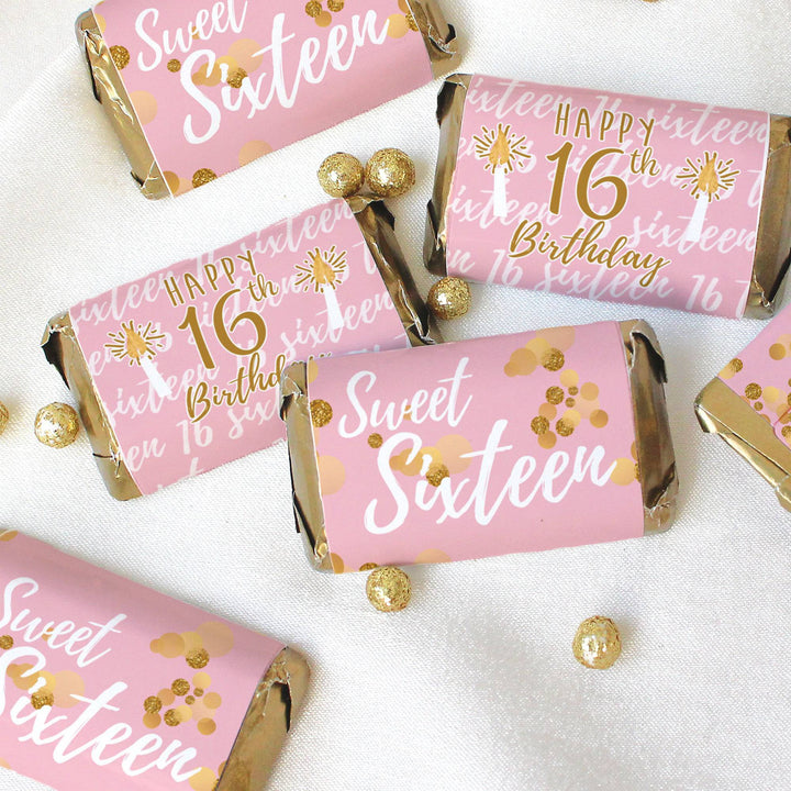 Sweet 16: Pink & Gold - Birthday Party  Mini Candy Bar Wrappers - 45 Stickers - Distinctivs Party