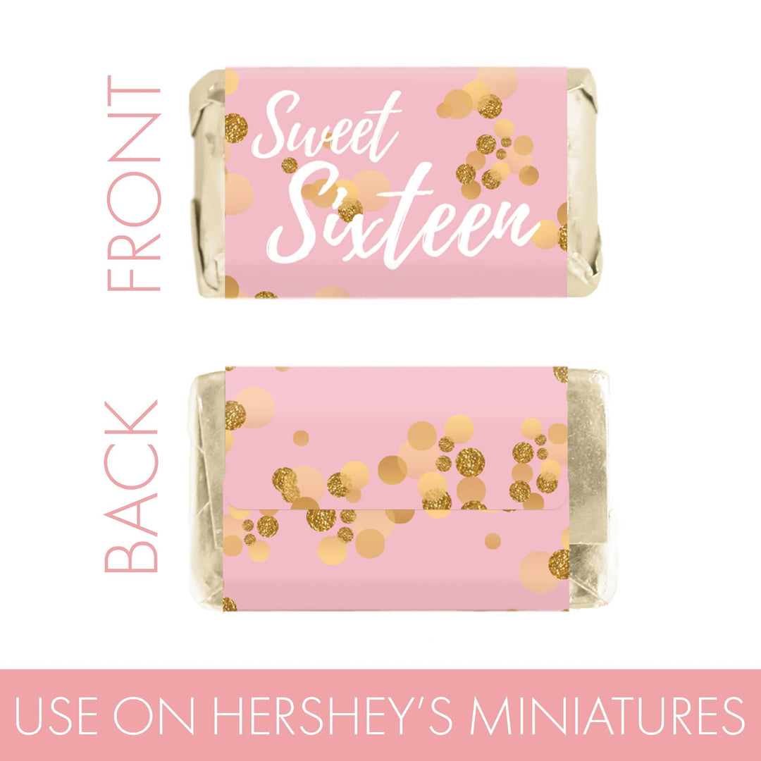 Sweet 16: Pink & Gold - Birthday Party  Mini Candy Bar Wrappers - 45 Stickers - Distinctivs Party