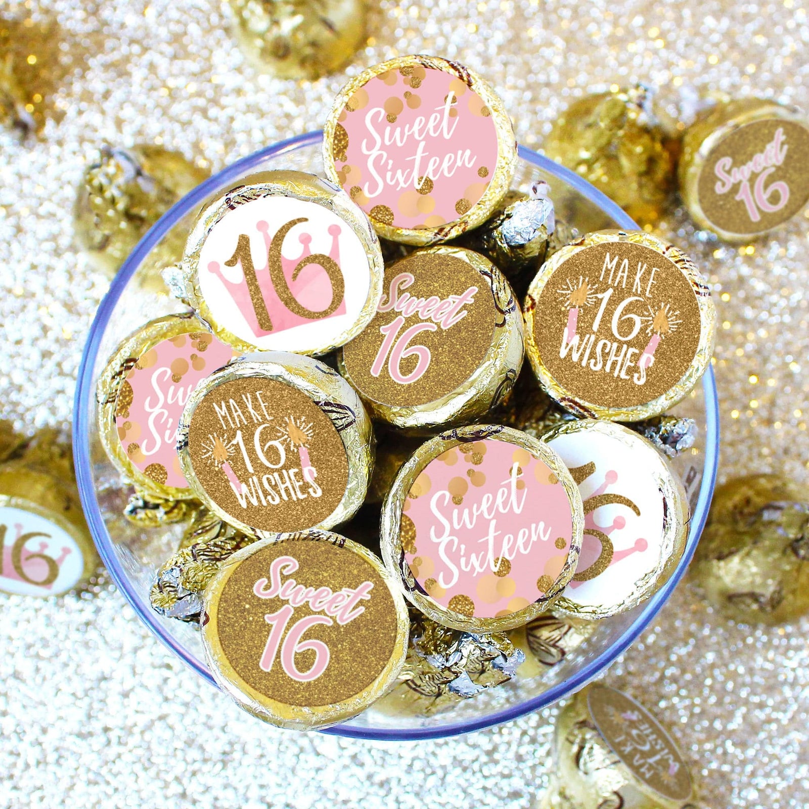 Sweet 16: Pink & Gold - Birthday Party Party Favor Stickers - Fits on Hershey's Kisses - 180 Stickers - Distinctivs Party
