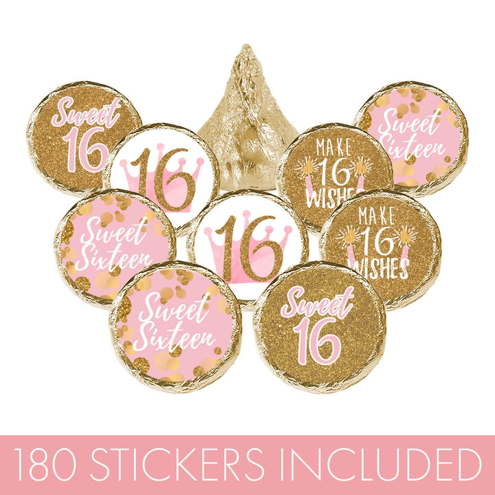 Sweet 16: Pink & Gold - Birthday Party Party Favor Stickers - Fits on Hershey's Kisses - 180 Stickers