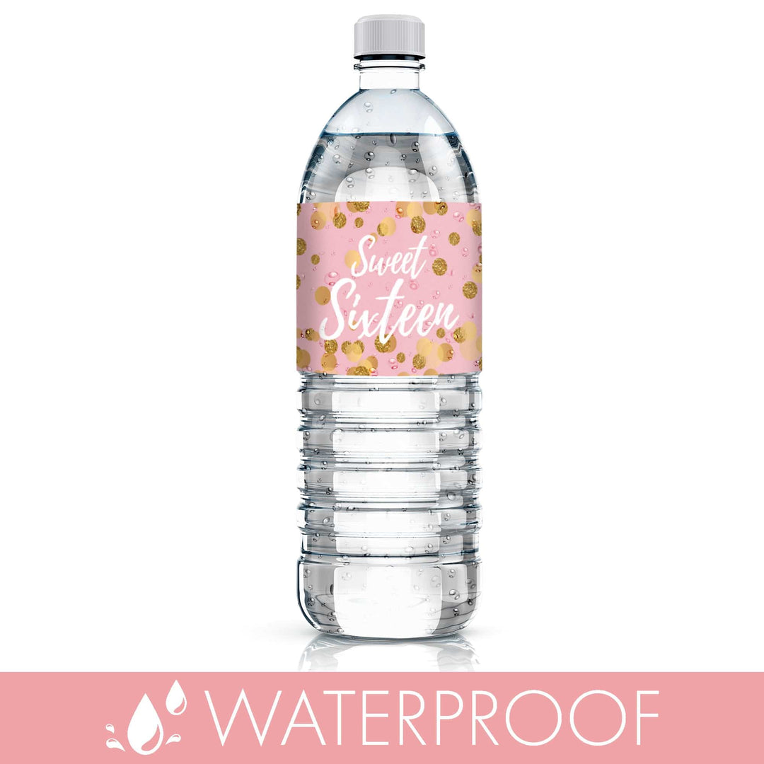 Sweet 16: Pink & Gold - Birthday Party Water Bottle Labels - 24 Stickers