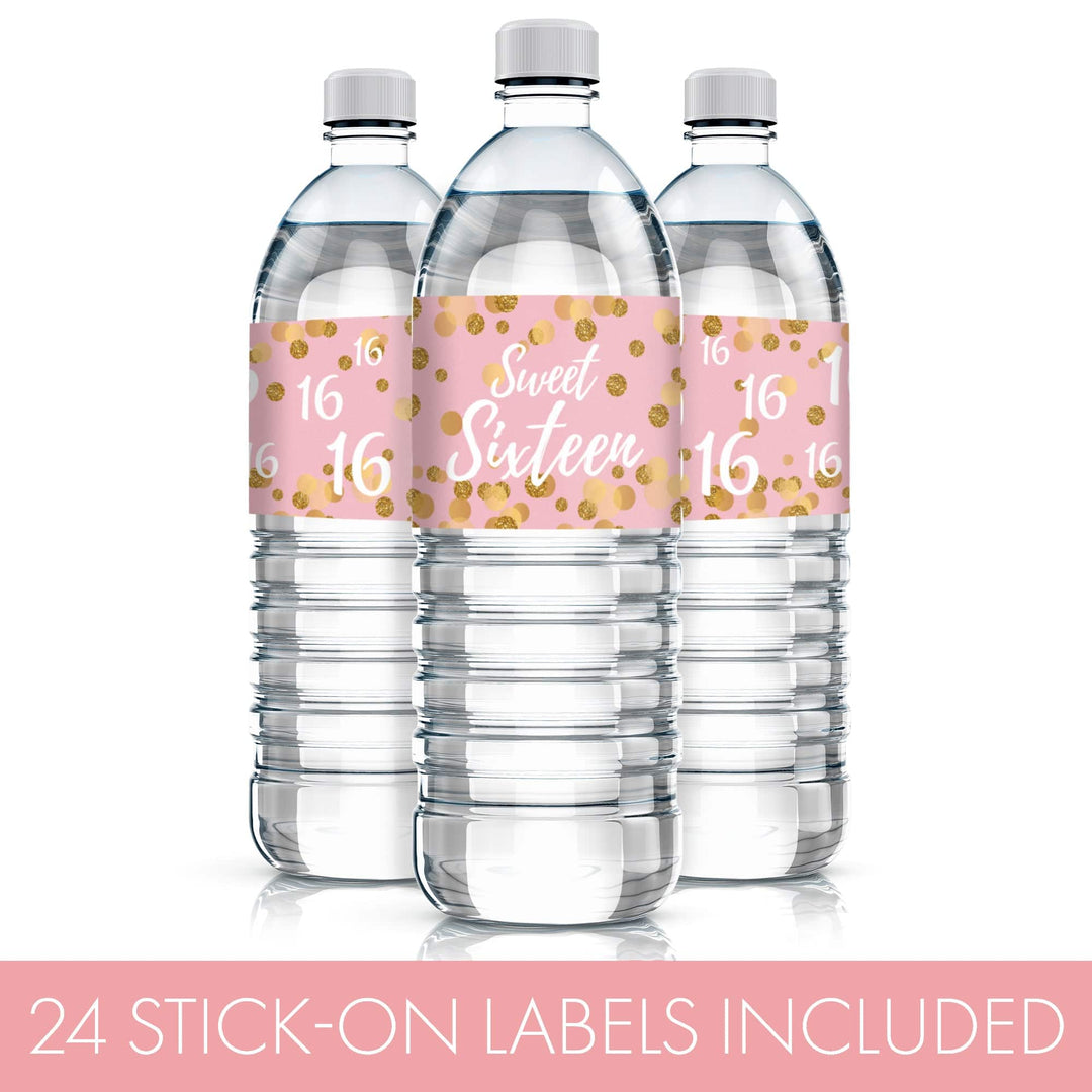 Sweet 16: Pink & Gold - Birthday Party Water Bottle Labels - 24 Stickers