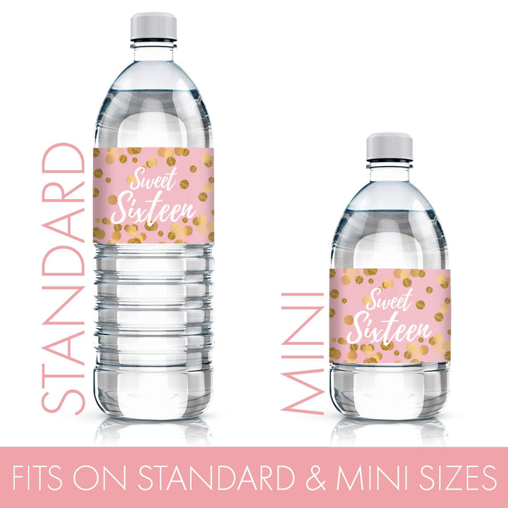 Sweet 16: Pink & Gold - Birthday Party Water Bottle Labels - 24 Stickers - Distinctivs Party