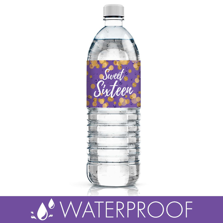 Sweet 16: Purple & Gold - Birthday Part  Water Bottle Labels - 24 Stickers - Distinctivs Party