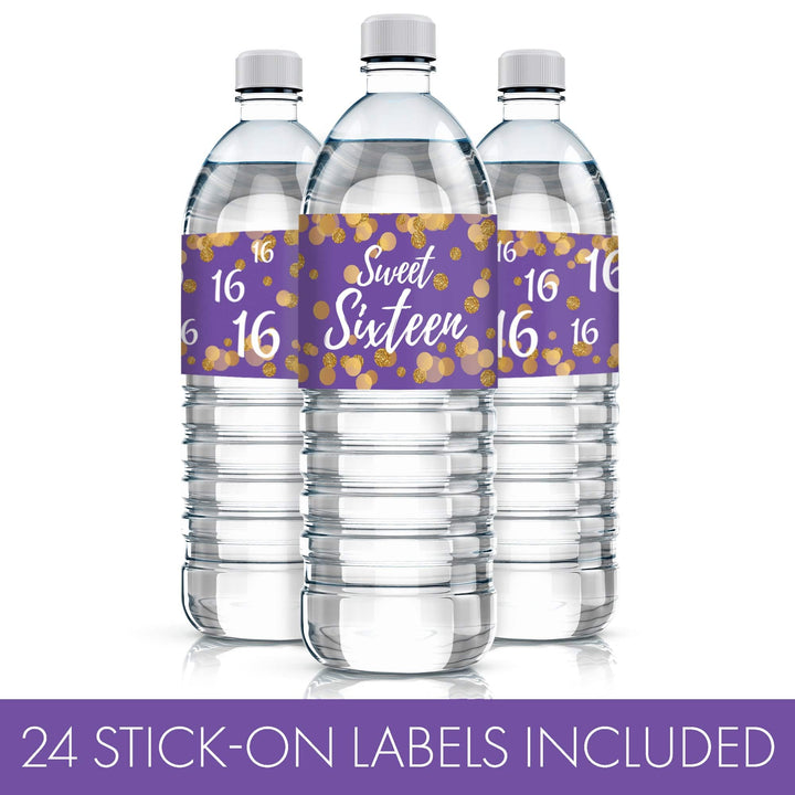 Sweet 16: Purple & Gold - Birthday Part  Water Bottle Labels - 24 Stickers - Distinctivs Party