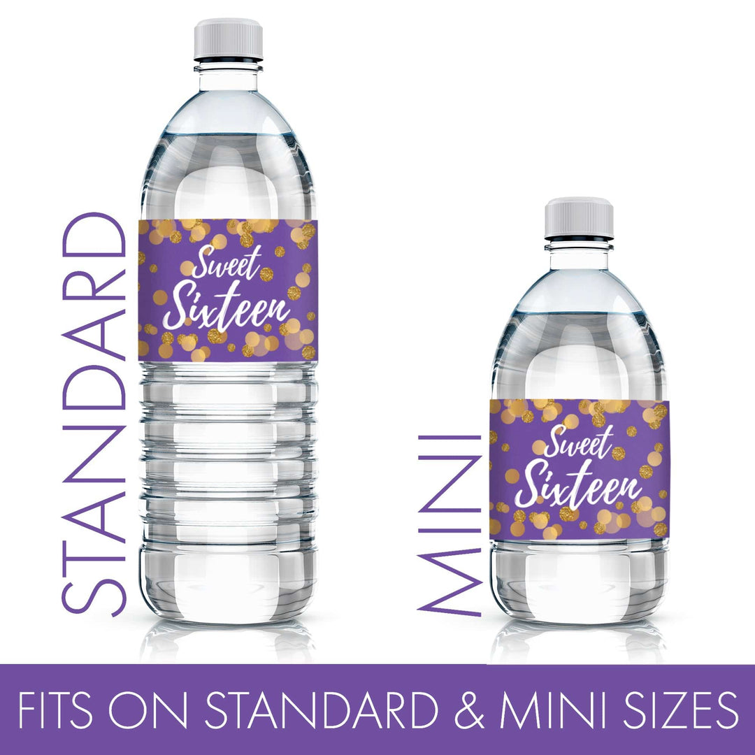 Sweet 16: Purple & Gold - Birthday Part  Water Bottle Labels - 24 Stickers