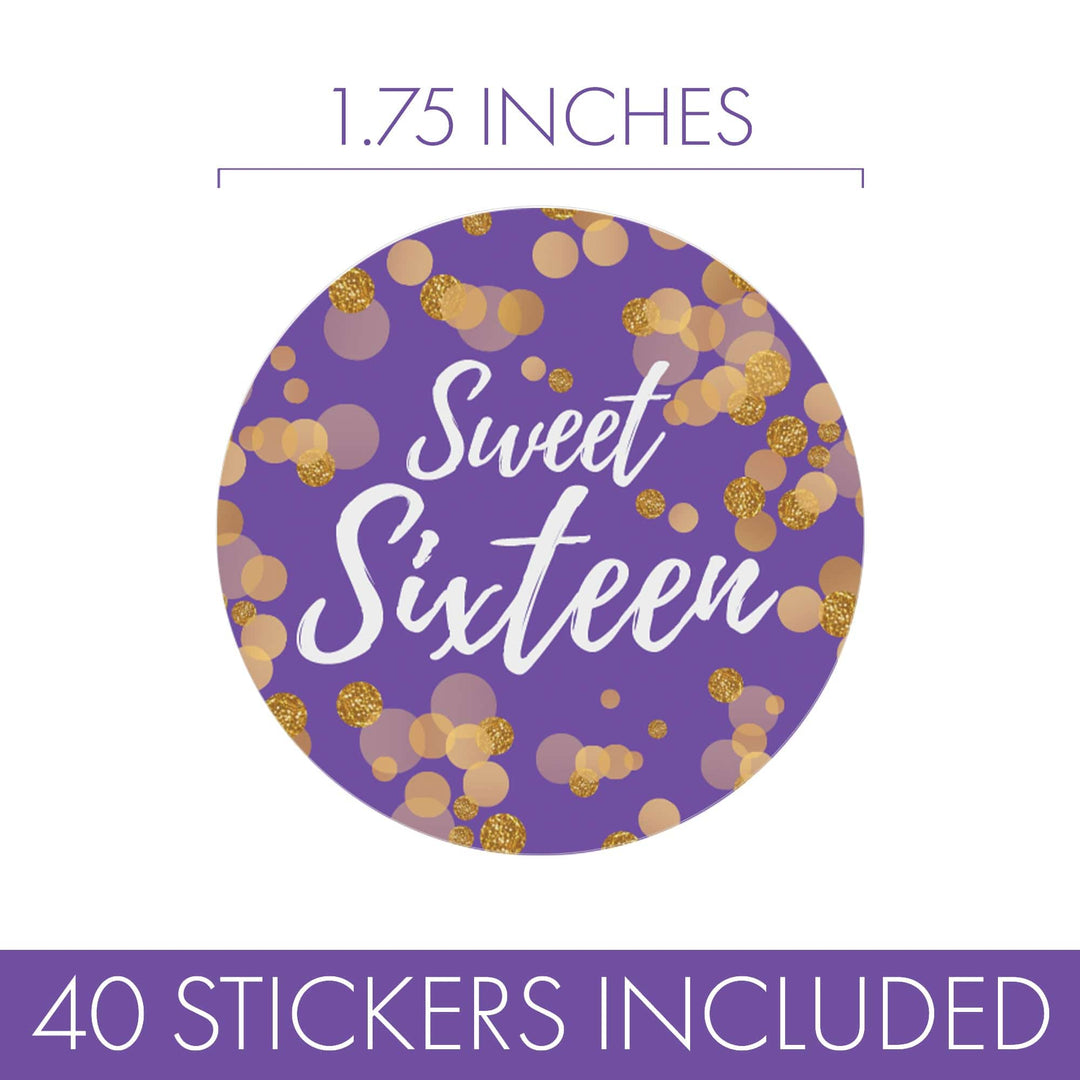 Sweet 16: Purple & Gold - Birthday Party Favor Stickers - 40 Stickers