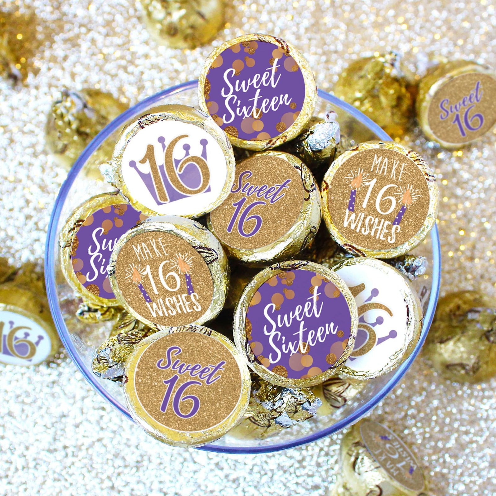 Sweet 16: Purple & Gold - Birthday Party Favor Stickers - Fits on Hershey's Kisses - 180 Stickers - Distinctivs Party