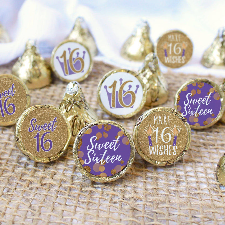 Sweet 16: Purple & Gold - Birthday Party Favor Stickers - Fits on Hershey's Kisses - 180 Stickers