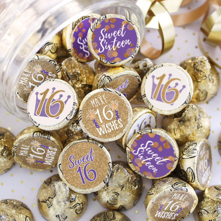 Sweet 16: Purple & Gold - Birthday Party Favor Stickers - Fits on Hershey's Kisses - 180 Stickers - Distinctivs Party