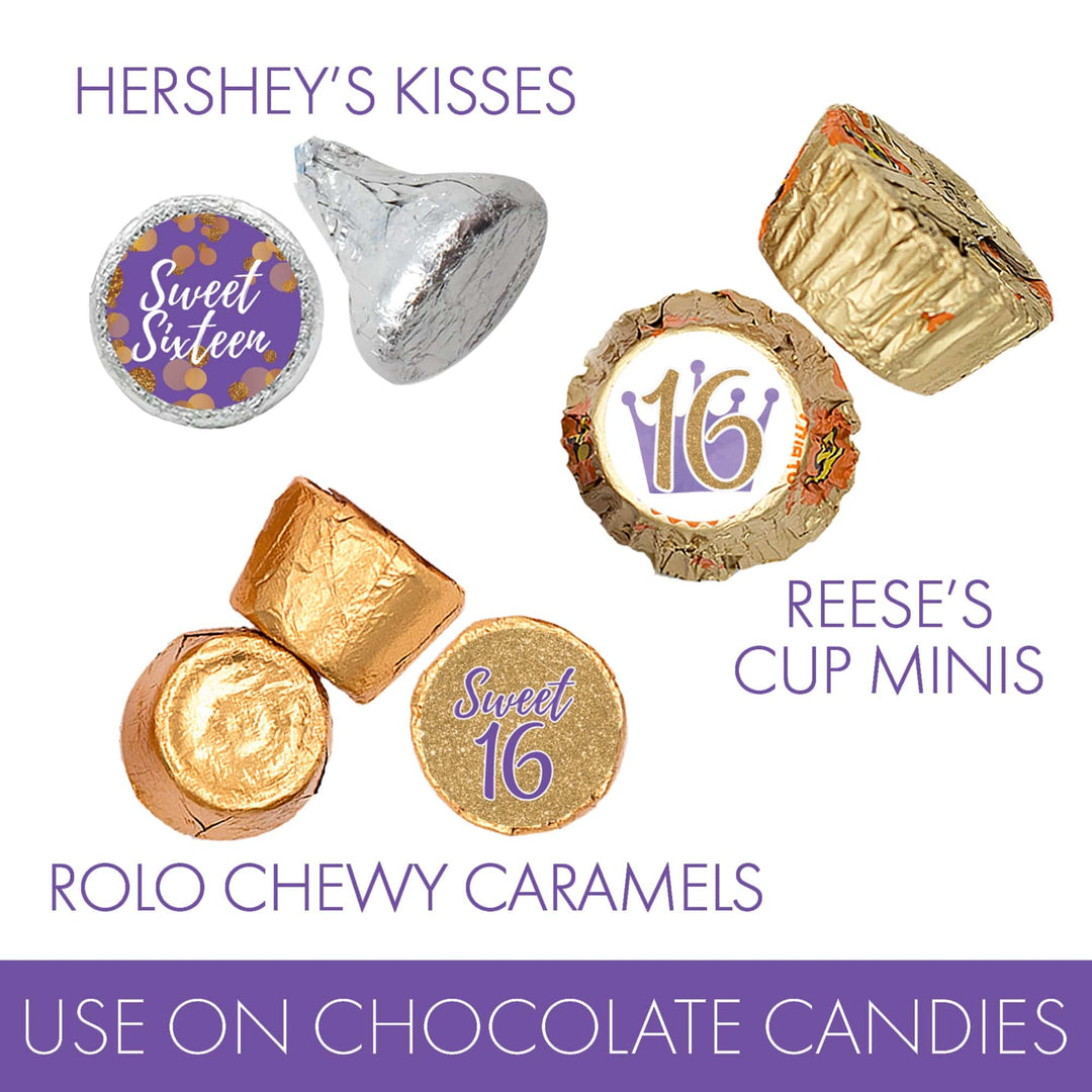 Sweet 16: Purple & Gold - Birthday Party Favor Stickers - Fits on Hershey's Kisses - 180 Stickers