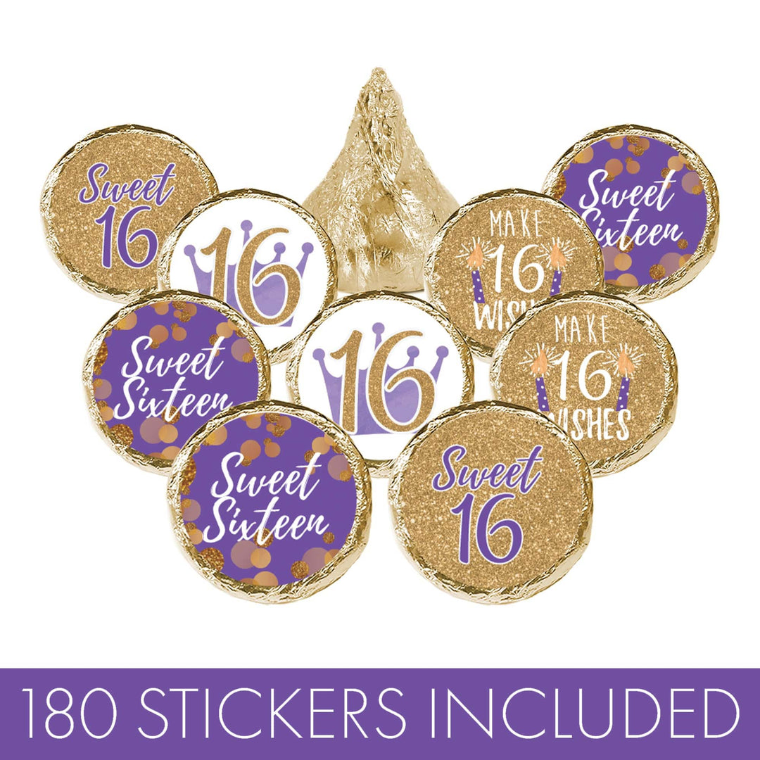 Sweet 16: Purple & Gold - Birthday Party Favor Stickers - Fits on Hershey's Kisses - 180 Stickers - Distinctivs Party