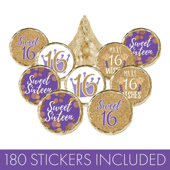 Sweet 16: Purple & Gold - Birthday Party Favor Stickers - Fits on Hershey's Kisses - 180 Stickers - Distinctivs Party