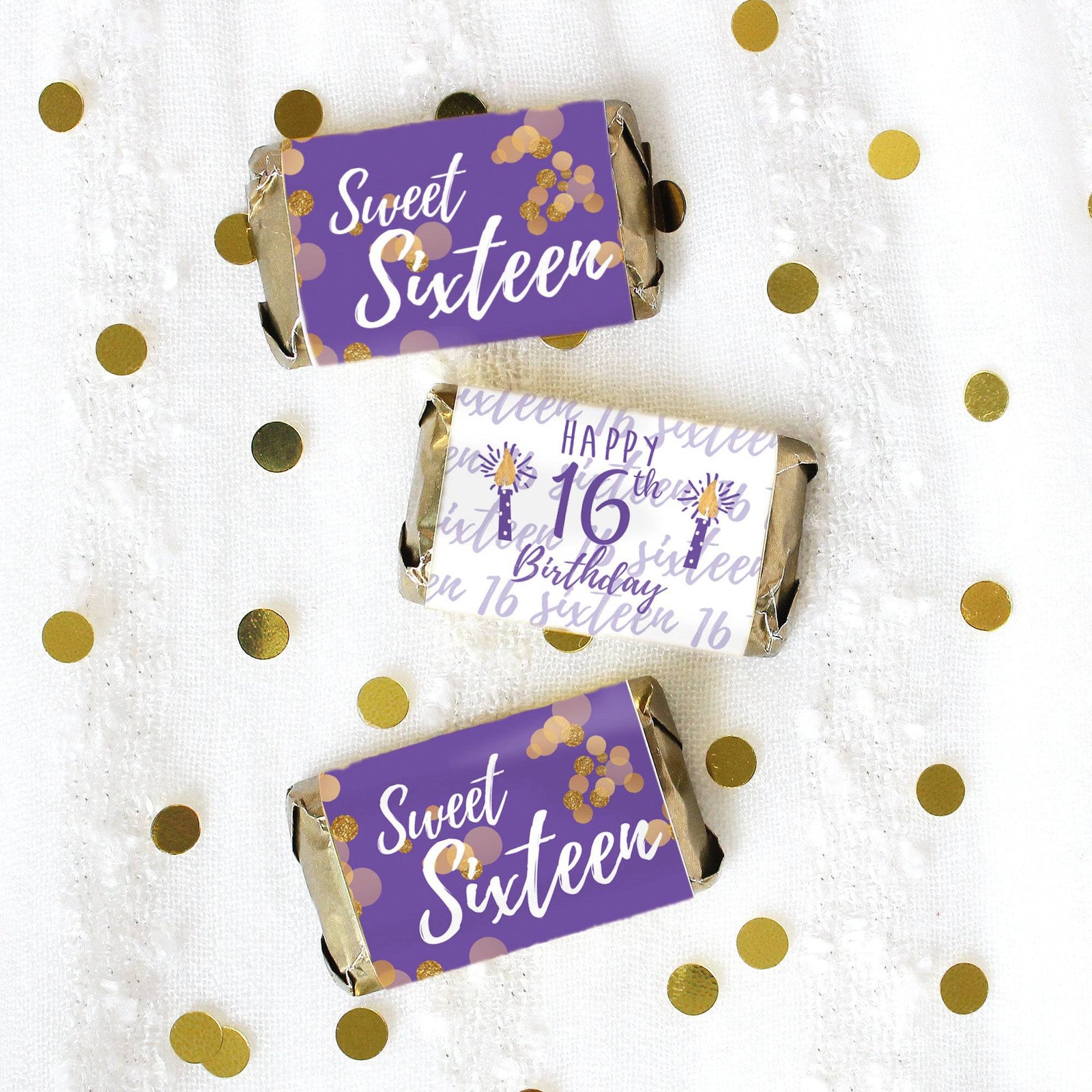 Sweet 16: Purple& Gold - Birthday Party  Mini Candy Bar Wrappers - 45 Stickers - Distinctivs Party