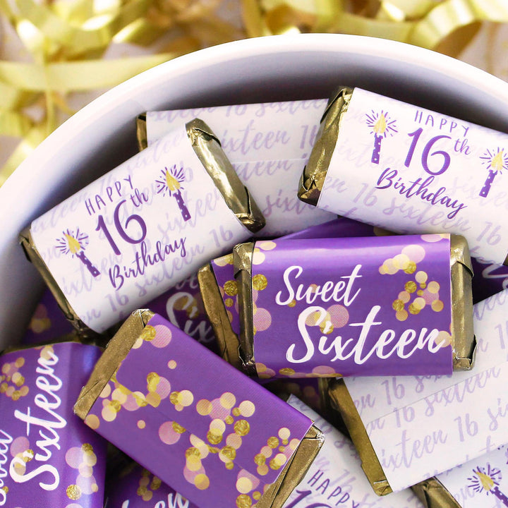 Sweet 16: Purple& Gold - Birthday Party  Mini Candy Bar Wrappers - 45 Stickers - Distinctivs Party