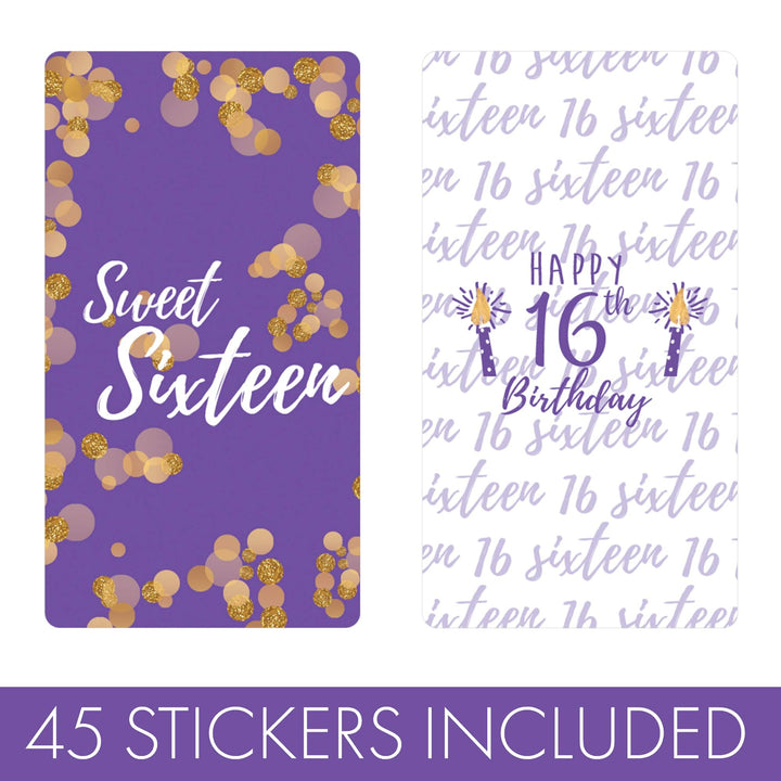 Sweet 16: Purple& Gold - Birthday Party  Mini Candy Bar Wrappers - 45 Stickers - Distinctivs Party