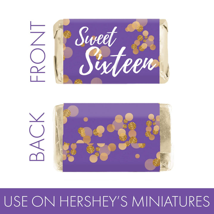 Sweet 16: Purple& Gold - Birthday Party  Mini Candy Bar Wrappers - 45 Stickers - Distinctivs Party