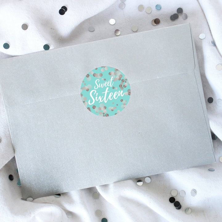 Sweet 16: Teal & Silver - Birthday Party Favor Stickers - 40 Stickers - Distinctivs Party