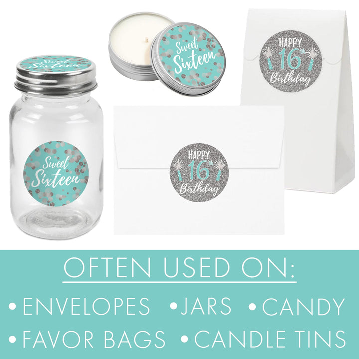 Sweet 16: Teal & Silver - Birthday Party Favor Stickers - 40 Stickers - Distinctivs Party