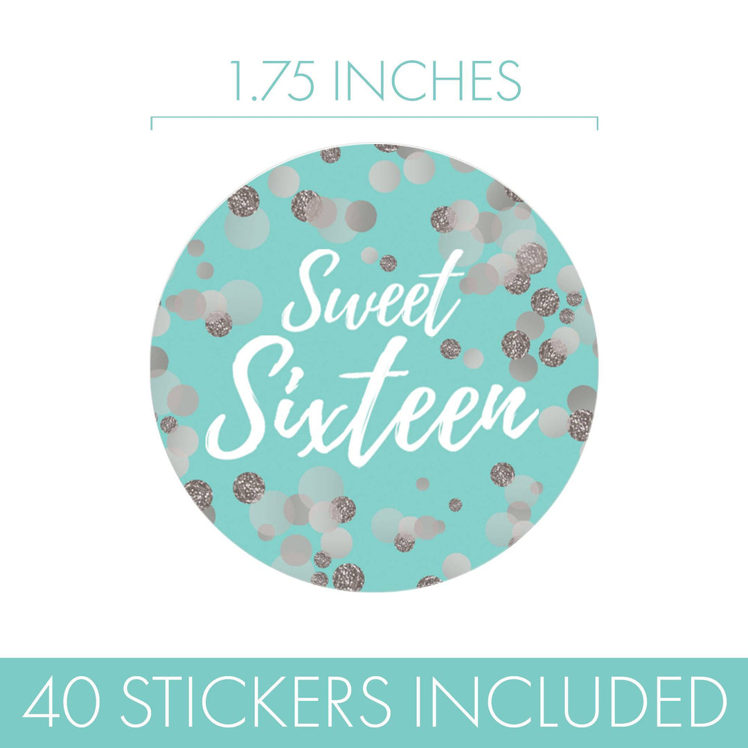 Sweet 16: Teal & Silver - Birthday Party Favor Stickers - 40 Stickers