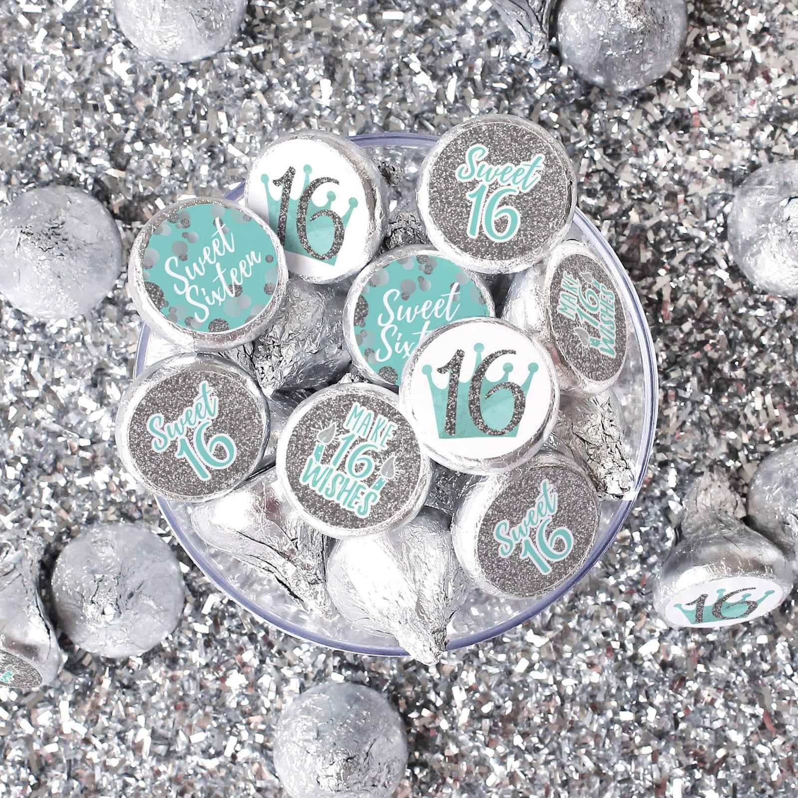 Sweet 16: Teal & Silver - Birthday Party Favor Stickers - Fits on Hershey's Kisses - 180 Stickers - Distinctivs Party