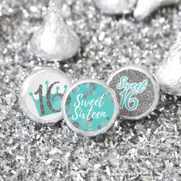 Sweet 16: Teal & Silver - Birthday Party Favor Stickers - Fits on Hershey's Kisses - 180 Stickers