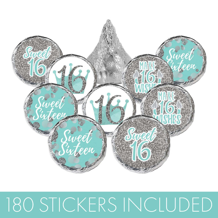 Sweet 16: Teal & Silver - Birthday Party Favor Stickers - Fits on Hershey's Kisses - 180 Stickers